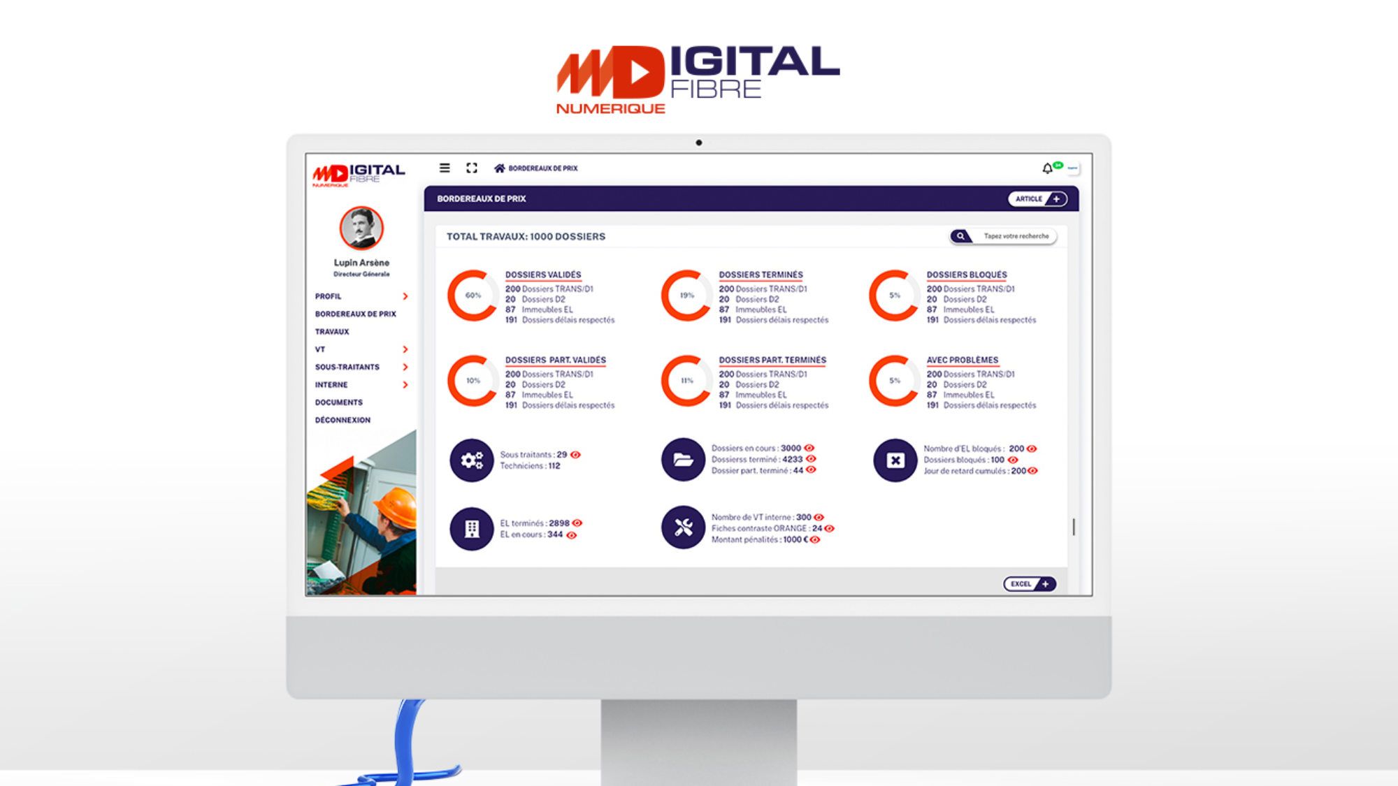 Digital Fibre desktop dashboard: donut charts and counters summarising validated, completed, blocked and delayed dossiers in one real-time view.