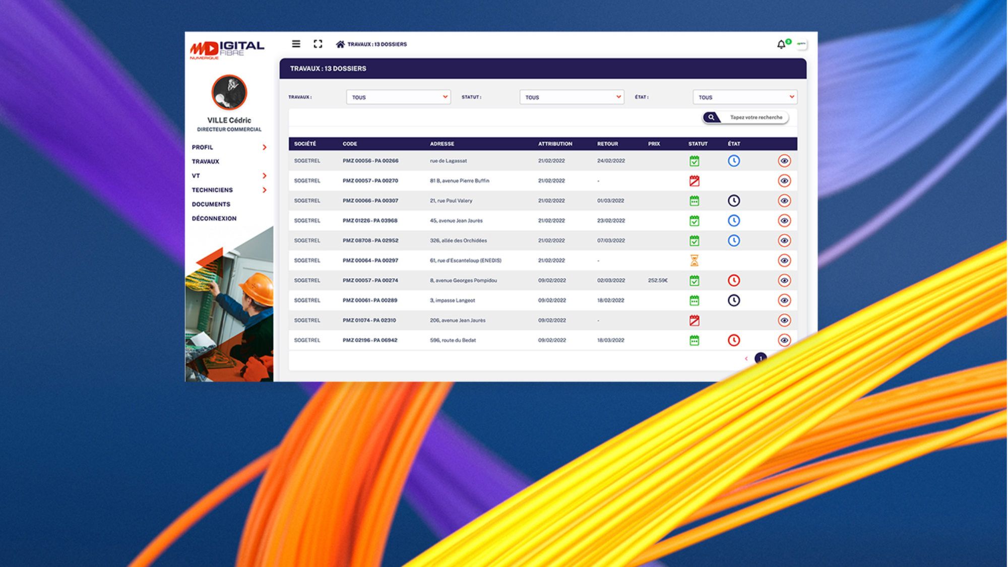 Digital Fibre work-order table listing dossiers by company, code, address, attribution and return dates, status and state.