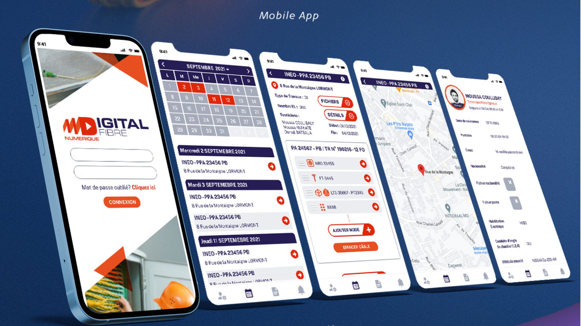 Five Digital Fibre mobile app screens: login, month calendar, work-order detail with cable nodes, a site map, and a technician profile.
