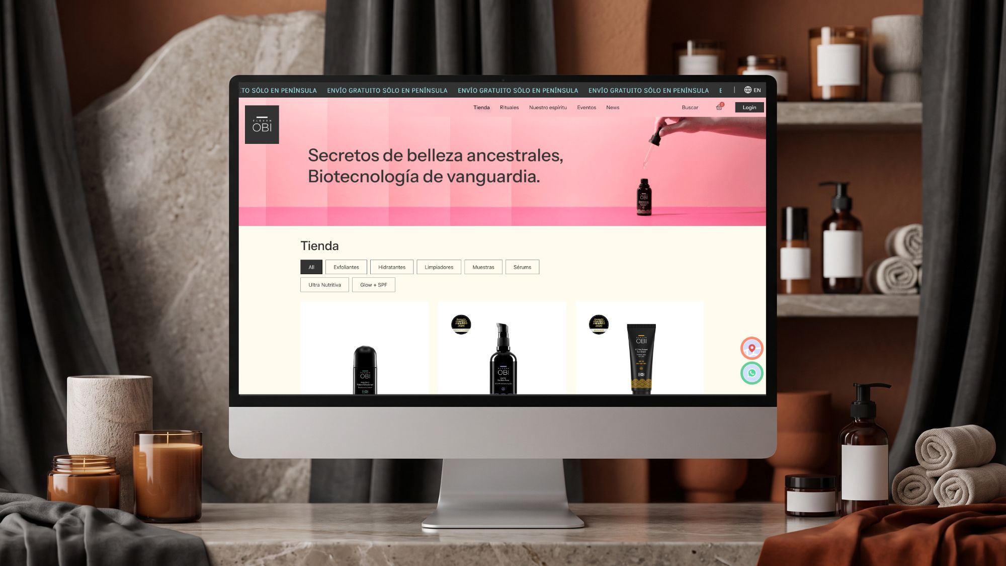Eleven OBI WooCommerce shop displayed on a desktop monitor, showing its skincare catalogue and category filters.