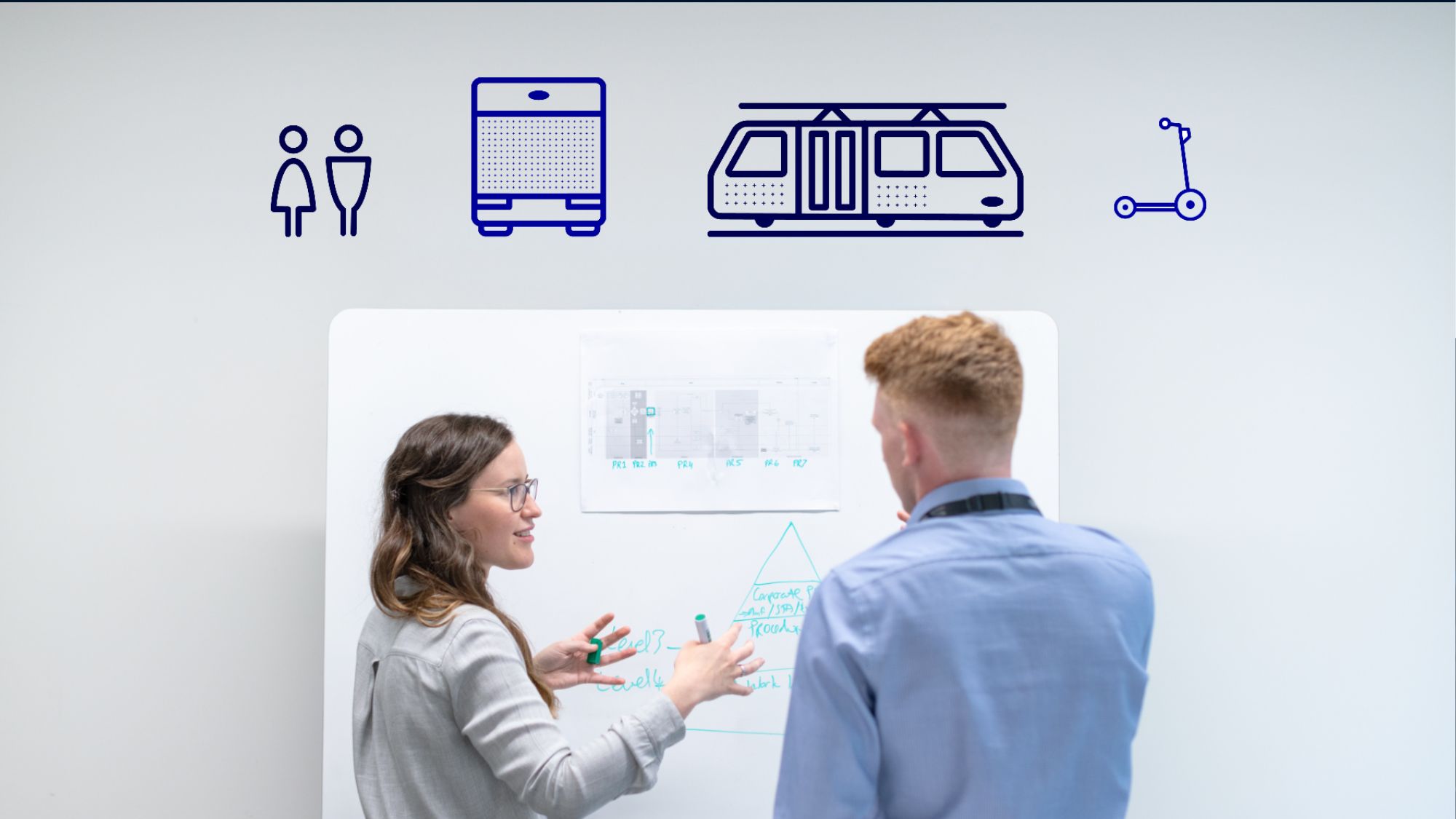 Two team members mapping the experience architecture on a whiteboard, with mobility icons illustrated above them.
