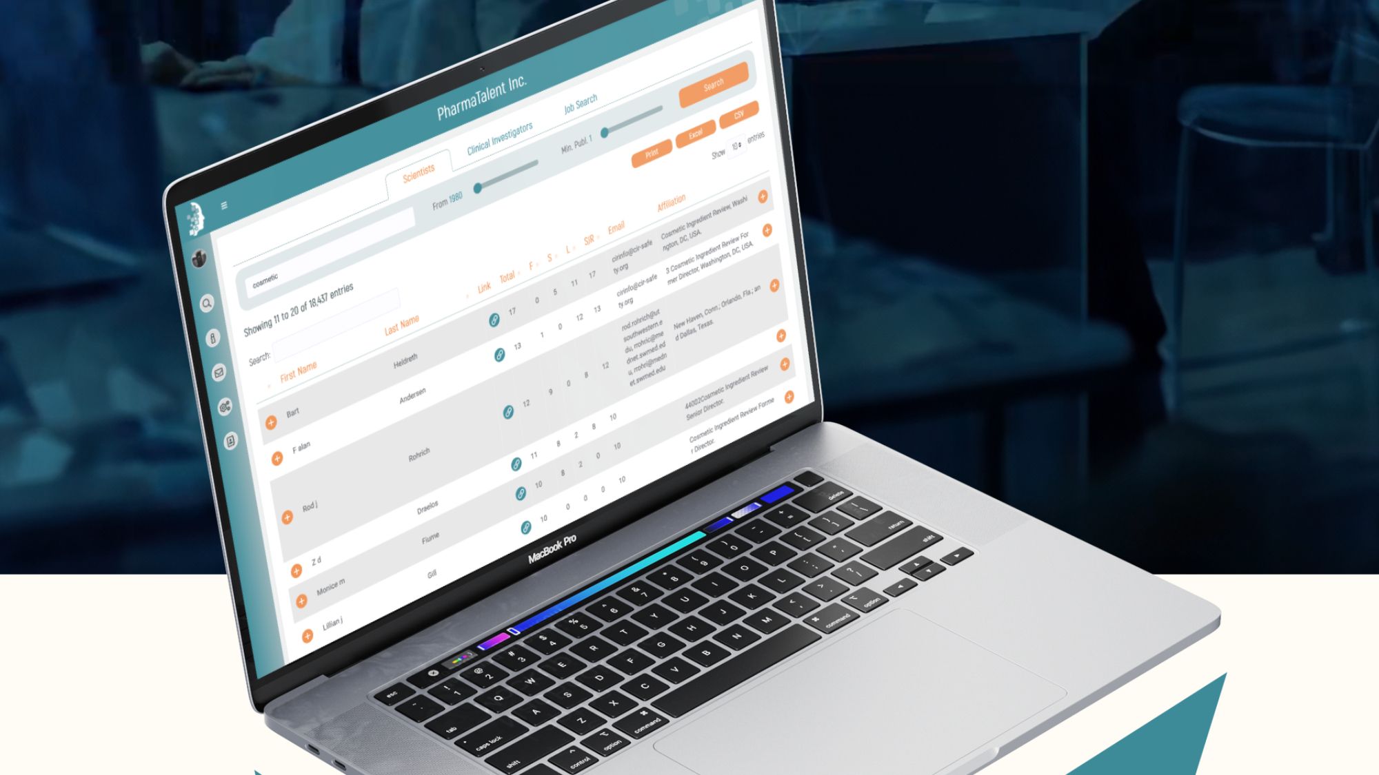 PharmaTalent search platform on a laptop: a scientist directory filtered by publications, citation metrics and affiliation, showing entries 11–20 of 18,437 across Scientists and Clinical Investigators tabs.