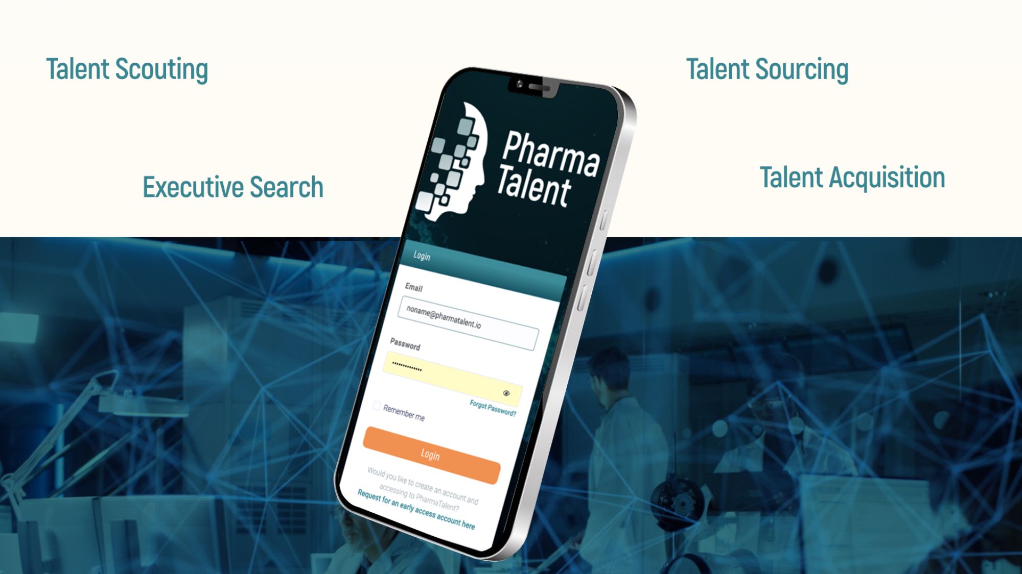 PharmaTalent mobile login screen surrounded by the platform's four service framings: Talent Scouting, Talent Sourcing, Executive Search and Talent Acquisition.