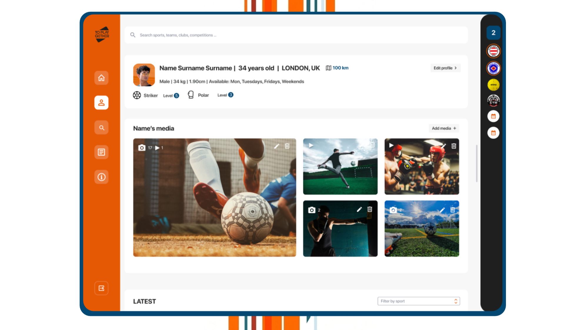 ToPlayGether player profile on a tablet: a London-based player with sport levels (Striker, level 5) and a personal media gallery of match and training clips, with a rail of the clubs and teams they follow.