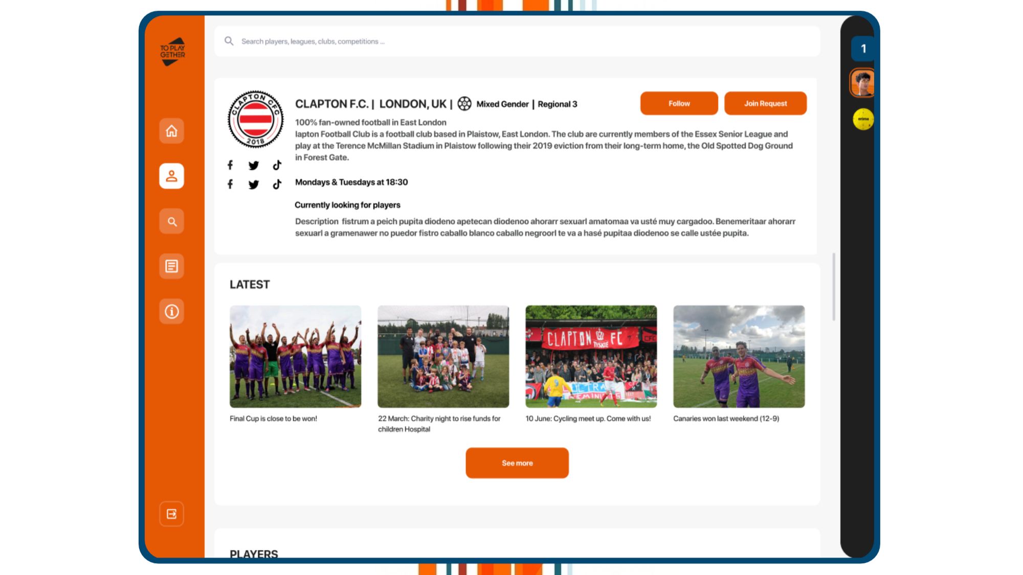 ToPlayGether club page for Clapton F.C. — London, mixed-gender, Regional 3 — with follow and join-request actions, training times, a 'currently looking for players' note and a feed of recent club news.