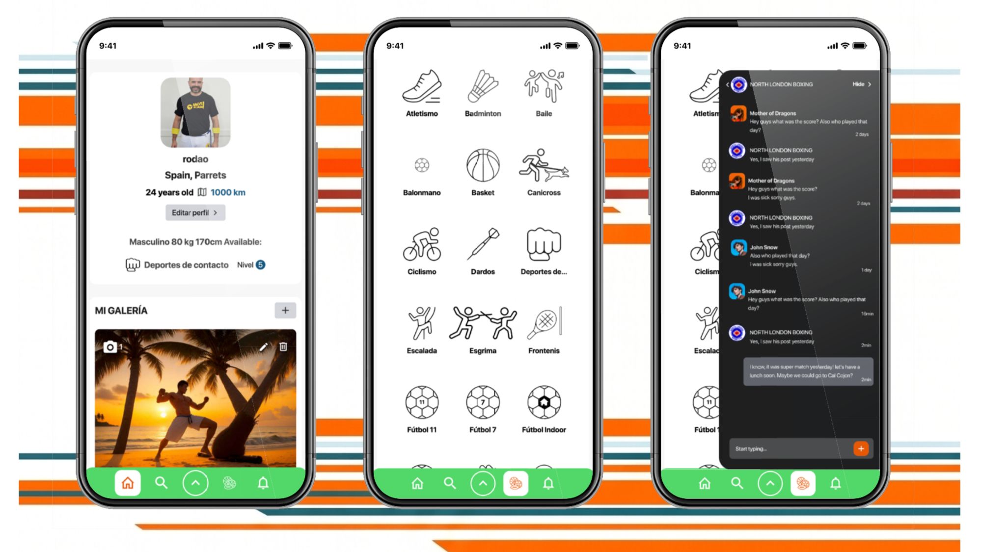 Three ToPlayGether phone screens: a Spanish-language player profile, a grid of sport categories (athletics, badminton, cycling, football and more), and a team group chat.